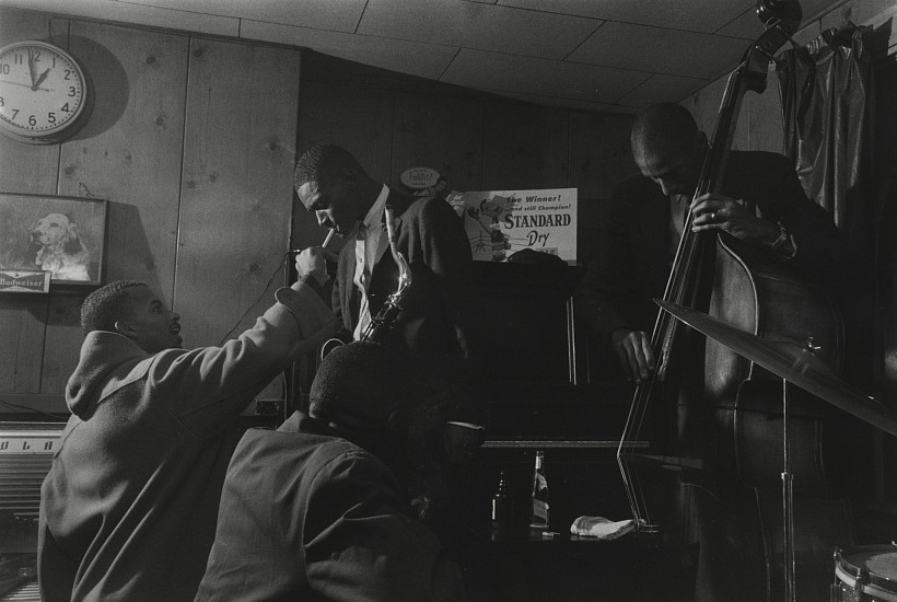 Paul J. Hoeffler, Late Night at the Phythod Club, Pee Wee Ellis & Ron Carter, 1958
Gelatin silver print; printed later, 11 x 14 in. (27.9 x 35.6 cm)
A wonderful, early image of bassist Ron Carter (b. 1937), one of the top bassists in jazz history, and the most-recorded jazz bassist ever. Pee Wee Ellis (b. 1941), a saxophonist who, despite a long career in jazz, is best known as a member of James Brown's band in the '60s, appearing on many recordings and co-writing hits like "Cold Sweat" and "Say It Loud . . ." Signed by the photographer. (A larger print is available, see [7377])
7378
Sold