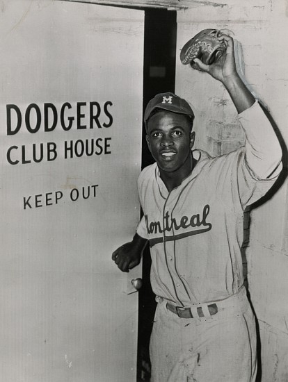 Unidentified photographer, Jackie Robinson, Rickey Opens the Door, April 10, 1947
Vintage gelatin silver print, 8 1/4 x 6 1/4 in. (21 x 15.9 cm)
vintage copy print with handwork 
Stamped with date "1947 APR 11 AM 11:18" by The Cleveland News and "Jackie Robinson" and other notations in red pencil on print verso.
Illustrated: Negro Heroes. National Urban League and Delta Sigma Theta sorority, Summer 1948. Comic book with original wrappers, last page.
8470