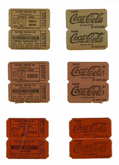 Eastman Dodgers admission tickets, colored section and white section tickets, c. 1948-1953
3 tickets including rain check
Each 2 x 2 1/16 in. (5.1 x 5.2 cm.)
8484