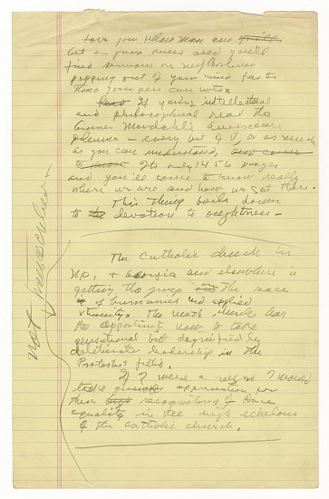 Branch Rickey's personal notes, possibly for the speech he gave on November 13, 1965, at the Daniel Boone Hotel, Columbia, Missouri, during which he suffered a stroke; he never regained consciousness, c. 1965
Graphite and ink on paper, 13 1/4 x 8 1/2 in. (33.7 x 21.6 cm)
6 sheets
8515