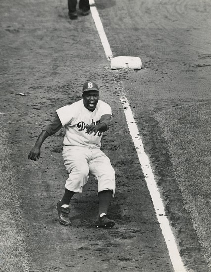 Ralph Morse, Jackie Robinson rounding third base, World Series, 1955
Early gelatin silver print, 13 3/8 x 10 1/2 in. (34 x 26.7 cm)
Titled and dated in crayon, credit and Life collection stamps in ink verso. Issue usage dates noted in crayon verso.
5733