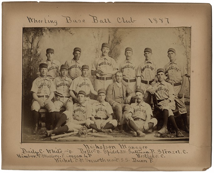 Parsons Studio, Wheeling Base Ball Club, 1887
Vintage albumen print, 6 x 8 13/16 in. (15.2 x 22.4 cm)
Imperial cabinet card. Mount 6 7/8 x 9 13/16 in.
With original 8 x 10 in. window mat cut to 5 1/2 x 8 in. window.
Titled and identifications in ink on mat recto. 
Photographer's studio name, "IMPERIAL" and "WHEELING W VA" printed on card recto.
8473