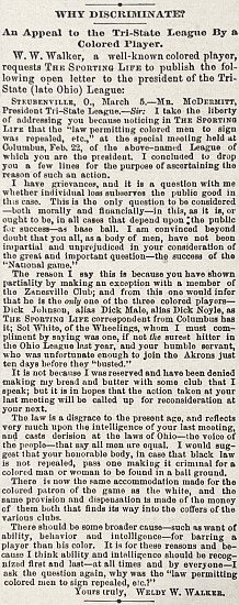 "Why Discriminate?" An Open Letter from Weldy Walker, March 14, 1888
Newspaper
Original bound volume of Sporting Life, April 13, 1887â€“April 4, 1888.
8544