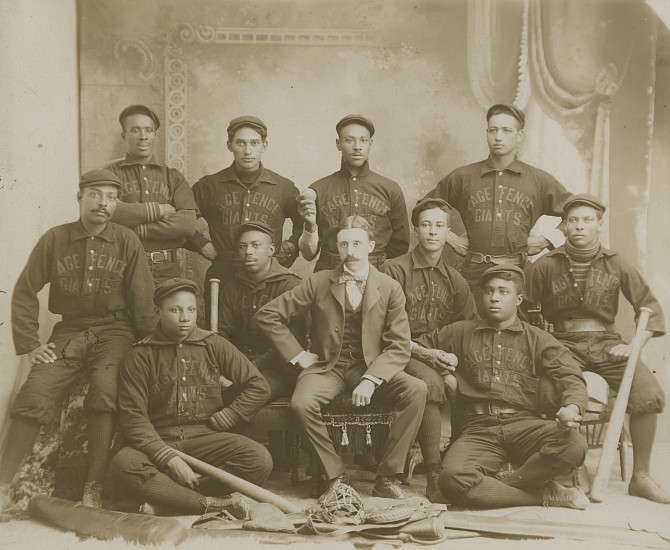 Charles A. Buss, Page Fence Giants, Charlie Grant, 1897-1898
Vintage gelatin silver print, 7 9/16 x 9 1/4 in. (19.2 x 23.5 cm)
Mounted on board 8 1/8 x 9 15/16 in.
Photographer's Jefferson, WIS stamp and "Sherman Barton, Normal, Ills" in ink on mount verso.
8471